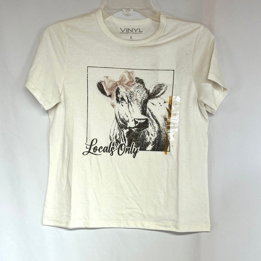 Vinyl Threads Womens Locals Only Cow Graphic T-Shirt Off-White Small NEW